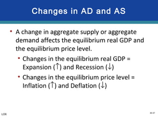 30-37
Changes in AD and AS
• A change in aggregate supply or aggregate
demand affects the equilibrium real GDP and
the equilibrium price level.
• Changes in the equilibrium real GDP =
Expansion (↑) and Recession (↓)
• Changes in the equilibrium price level =
Inflation (↑) and Deflation (↓)
LO6
 