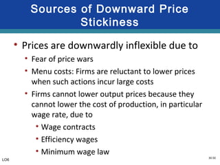 30-50
Sources of Downward Price
Stickiness
• Prices are downwardly inflexible due to
• Fear of price wars
• Menu costs: Firms are reluctant to lower prices
when such actions incur large costs
• Firms cannot lower output prices because they
cannot lower the cost of production, in particular
wage rate, due to
• Wage contracts
• Efficiency wages
• Minimum wage law
LO6
 