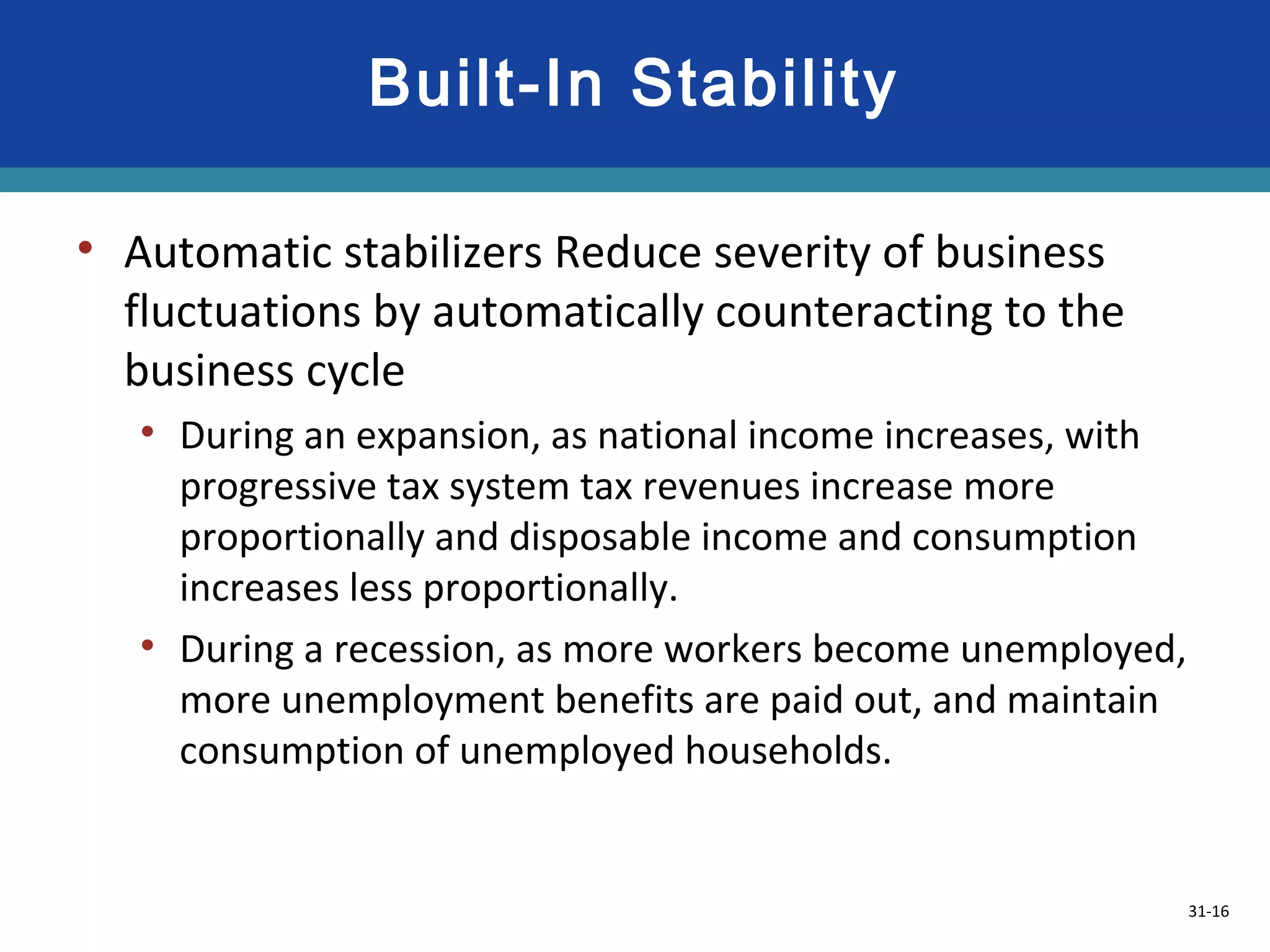 31-16
Built-In Stability
• Automatic stabilizers Reduce severity of business
fluctuations by automatically counteracting to the
business cycle
• During an expansion, as national income increases, with
progressive tax system tax revenues increase more
proportionally and disposable income and consumption
increases less proportionally.
• During a recession, as more workers become unemployed,
more unemployment benefits are paid out, and maintain
consumption of unemployed households.
 