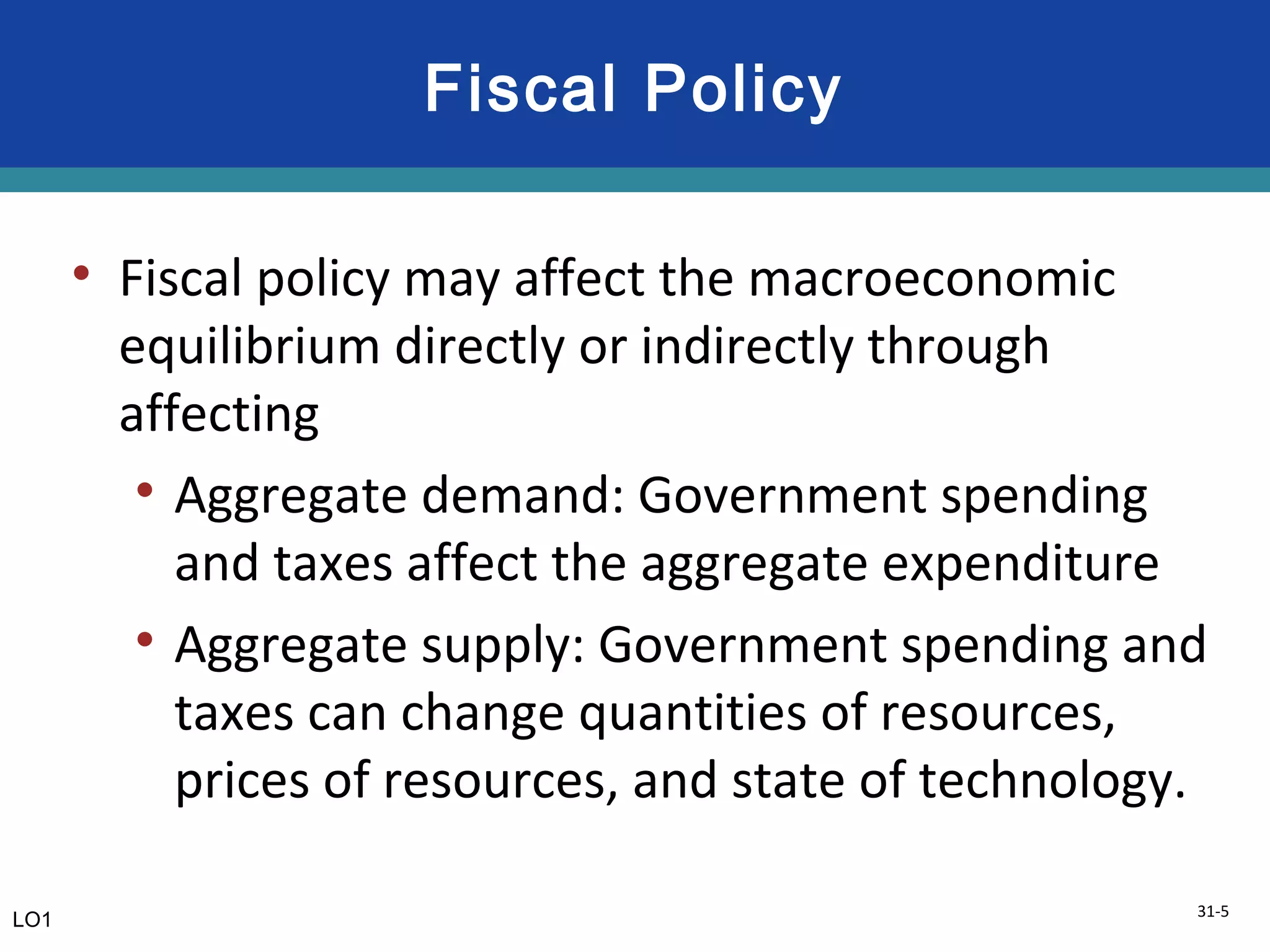 31-5
Fiscal Policy
• Fiscal policy may affect the macroeconomic
equilibrium directly or indirectly through
affecting
• Aggregate demand: Government spending
and taxes affect the aggregate expenditure
• Aggregate supply: Government spending and
taxes can change quantities of resources,
prices of resources, and state of technology.
LO1
 