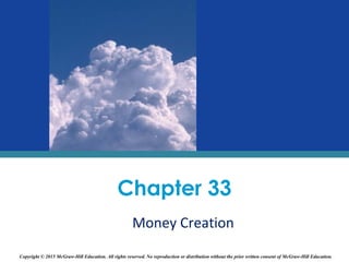 Money Creation
Chapter 33
Copyright © 2015 McGraw-Hill Education. All rights reserved. No reproduction or distribution without the prior written consent of McGraw-Hill Education.
 