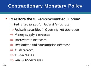34-27
Contractionary Monetary Policy
• To restore the full-employment equilibrium
⇒ Fed raises target for Federal funds rate
⇒ Fed sells securities in Open market operation
⇒ Money supply decreases
⇒ Interest rate increases
⇒ Investment and consumption decrease
⇒ AE decreases
⇒ AD decreases
⇒ Real GDP decreases
LO4
 