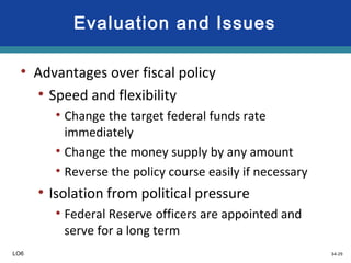 34-29
Evaluation and Issues
• Advantages over fiscal policy
• Speed and flexibility
• Change the target federal funds rate
immediately
• Change the money supply by any amount
• Reverse the policy course easily if necessary
• Isolation from political pressure
• Federal Reserve officers are appointed and
serve for a long term
LO6
 