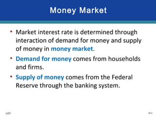 34-3
Money Market
• Market interest rate is determined through
interaction of demand for money and supply
of money in money market.
• Demand for money comes from households
and firms.
• Supply of money comes from the Federal
Reserve through the banking system.
LO1
 