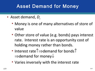 34-7
Asset Demand for Money
• Asset demand, Da
• Money is one of many alternatives of store of
value
• Other store of value (e.g. bonds) pays interest
rate. Interest rate is an opportunity cost of
holding money rather than bonds.
• Interest rate↑⇒demand for bonds↑
⇒demand for money↓
• Varies inversely with the interest rate
LO1
 