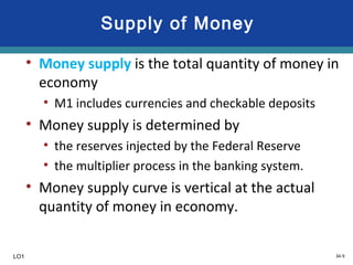 34-9
Supply of Money
• Money supply is the total quantity of money in
economy
• M1 includes currencies and checkable deposits
• Money supply is determined by
• the reserves injected by the Federal Reserve
• the multiplier process in the banking system.
• Money supply curve is vertical at the actual
quantity of money in economy.
LO1
 