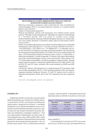 364
PAULOMARCELINO etal
R E S U M O
TRANSTHORACICECHOCARDIOGRAPHYFOREVALUATIONOF
HYPOTENSIVECRITICALLYILLPATIENT
Objectives and design: a prospective study to determine the value of transthoracic
echocardiography (TTE) in assessing hypotensive patients in a medical/surgical
Intensive care Unit (ICU)
Setting: a 16-bed medical/surgical ICU
Material and Methods: patients with hypotension were studied (systolic arterial
pressure< 90mmHg or mean arterial pressure< 60mmHg, non responsive to fluid therapy
in a 30-minute period). TTE was aimed to: exclude severe cardiac
dysfunction(abnormalities requiring immediate therapeutic decision); to evaluate other
non severe cardiac alterations; to determine cardiac index (CI) and analyse inferior
vena cava (IVC).
Results: Two hundred eight patients were studied, and 198 enrolled (4,5% of impossible
examinations), with a mean age 63,4 +/- 16,2 years, 129 male, APACHE II score 30,1 +/
- 9,9, SAPS II 68,8 +/- 20,5, SOFA 11,6 +/- 3,8, MODS 10,9 +/- 3,9. Mortality was 51%
(n=101) and 168 (82.2%) patients were under mechanical ventilation. Forty four patients
(44.4%) presented cardiac abnormalities, 28 of whom (14%) severe cardiac diseases. Of
these, 18 (9%) presented unsuspected situations (aortic stenosis, 3; endocarditis, 4,
dilated miocardiopathy, 9, cardiac tamponade, 2). Patients with cardiac abnormalities
were older and presented higher severity scores and mortality. Most patients (158,
79.7%) presented a normal/high IC, all with low peripheral vascular resistance. Through
logistic regression analysis, a statistically significant between IVC index and ICU stay
(p=0.05); IC and IVC index correlated with overall mortality (p=0,008 and 0,041
respectively).
Conclusions: Patients with hypotension in a medical/surgical ICU presented a high
rate of cardiac abnormalities (44.4%, n=88), including 26 patients with severe diseases,
requiring immediate therapeutic decisions. IC and IVC analysis may be useful to
determine hemodynamic profile and several TTE parameters may have prognostic
value.
Key-words: echocardiography, intensive care, hypotension
INTRODUÇÃO
A hipotensão arterial é a forma mais comum de instabi-
lidade hemodinâmica nas Unidades de Cuidados Intensi-
vos polivalentes (UCIP) e são situações que influenciam
negativamente o prognóstico dos doentes. A introdução
de dispositivos de avaliação hemodinâmica invasivos (ca-
teterismo da artéria pulmonar) permitiu caracterizar os per-
fis típicos de cada situação com padrões funcionais dife-
rentes que fundamenta a abordagem terapêutica1-3. Para
esta caracterização é habitualmente necessário obter di-
versos parâmetros tais como o débito cardíaco (DC) e índex
cardíaco (IC), parâmetros de preenchimento intravascular
(pressão de encravamento da artéria pulmonar - Pw e/ou
pressão venosa central - PVC) e o cálculo das resistências
vasculares sistémicas (RVS)4. Cada padrão funcional de
hipotensão pode ser definido de acordo com estes parâ-
Quadro I - Classificação dos tipos funcionais de hipotensão*
Hipovolémia Cardiogénico Vasogénico
PVC baixa PVC elevada PVC baixa
IC baixo IC baixo IC elevado
RVS elevadas RVS elevadas RVS baixas
Legenda: PVC, pressão venosa central; IC, índex cardíaco; RVS resistências vasculares
periféricas.
A hipotensão por obstrução, tipicamente disponibilizada por ecocardiografia, é definida de forma
invasiva noutra parte do texto.
*Adaptado de : Paul Marino, The ICU Book 2nd Edition, Williams & Wilkins, 1998, página 164.
metros (quadro I).
A ecocardiografia transtorácica (ETT) é um exame
não invasivo, de fácil execução, que disponibiliza vá-
 