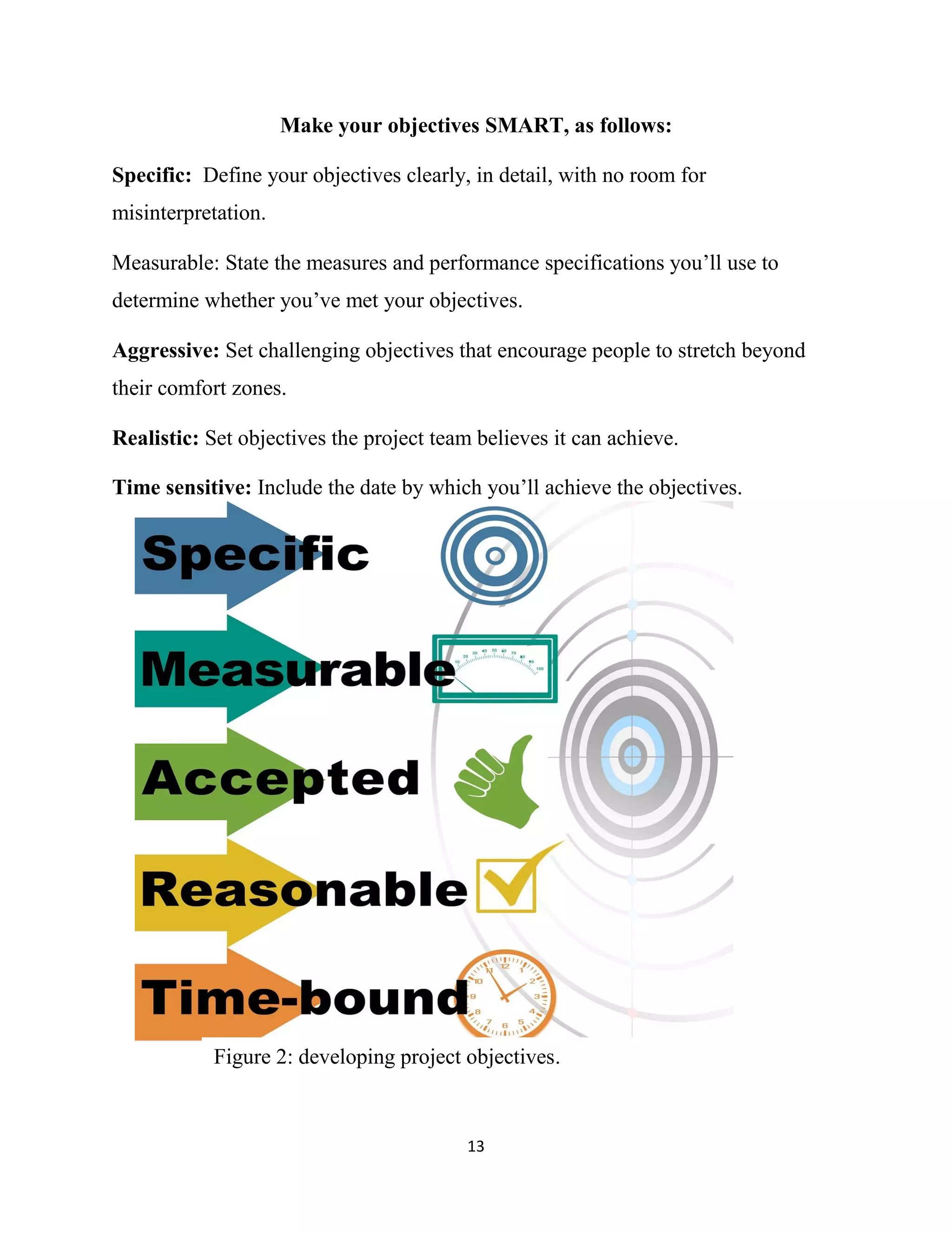 13
Make your objectives SMART, as follows:
Specific: Define your objectives clearly, in detail, with no room for
misinterpretation.
Measurable: State the measures and performance specifications you’ll use to
determine whether you’ve met your objectives.
Aggressive: Set challenging objectives that encourage people to stretch beyond
their comfort zones.
Realistic: Set objectives the project team believes it can achieve.
Time sensitive: Include the date by which you’ll achieve the objectives.
Figure 2: developing project objectives.
 