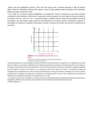Existen estas dos posibilidades extremas. Entre ellas hay muchas otras. Si estamos dispuestos a dejar de producir
algunas libras de mantequilla, podemos tener algunas armas. Si luego aceptamos dejar de producir más mantequilla,
podremos producir todavía más armas.
En la tabla 1-1 se muestran algunas posibilidades. La combinación F muestra el extremo en el que sólo se produce
mantequilla y nada de pistolas, mientras que A representa el extremo opuesto, en el que todos los recursos se dedican a
las pistolas. Entre uno —en E, D, C y B — se dejan de producir cantidades cada vez mayo-res de mantequilla a cambio de
más pistolas. ¿De qué manera, puede usted muy bien preguntarse, una nación convierte mantequilla en pistolas? La
mantequilla se transforma en pistolas no físicamente, sino por la alquimia de transferir recursos de la economía de un
uso al otro.
Es posiblerepresentar las posibilidades de producción de esta economía de manera más gráfica en un diagrama como el que
muestra la figura 1-1 que mide la mantequilla a lo largo del ejehorizontal y las pistolasa lo largo del ejevertical. (Si el lector no
está seguro acerca de los distintostipos degráficas o acerca de cómo convertir una tabla en una gráfica, consulte el apéndice
de este capítulo.) El punto F de la figura 1.1 se construye a partir de los datos de la tabla 1-1 contando5 unidades de
mantequilla haciala derecha en el eje de las abscisasy 0 pistolashacia arriba en el eje de las ordenadas; de la misma manera,
al desplazarse 4 unidades de mantequilla a la derecha y 5 unidades de pistolas hacia arriba se obtiene E; y finalmente, A se
obtiene con 0 unidades de mantequilla y 15 de pistolas hacia arriba.
Si rellena las posiciones intermedias con nuevos puntos que representen todas las diferentes combinaciones de pistolas y
mantequilla, obtiene la curva continua que se muestra como la frontera de posibilidades de producción,
o FPP,de la figura 1-2.
 