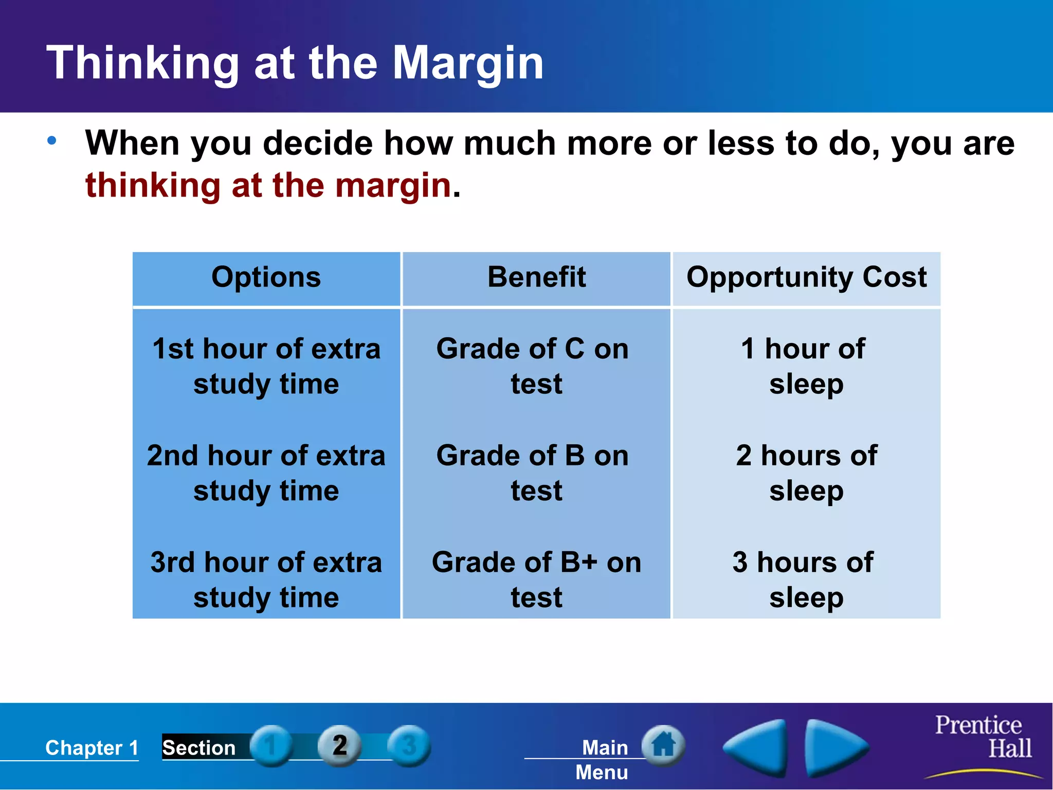 Thinking at the Margin When you decide how much more or less to do, you are  thinking at the margin . Options 1st hour of extra study time 2nd hour of extra study time 3rd hour of extra study time Benefit Grade of C on  test Grade of B on  test Grade of B+ on test Opportunity Cost 1 hour of  sleep 2 hours of sleep 3 hours of  sleep 