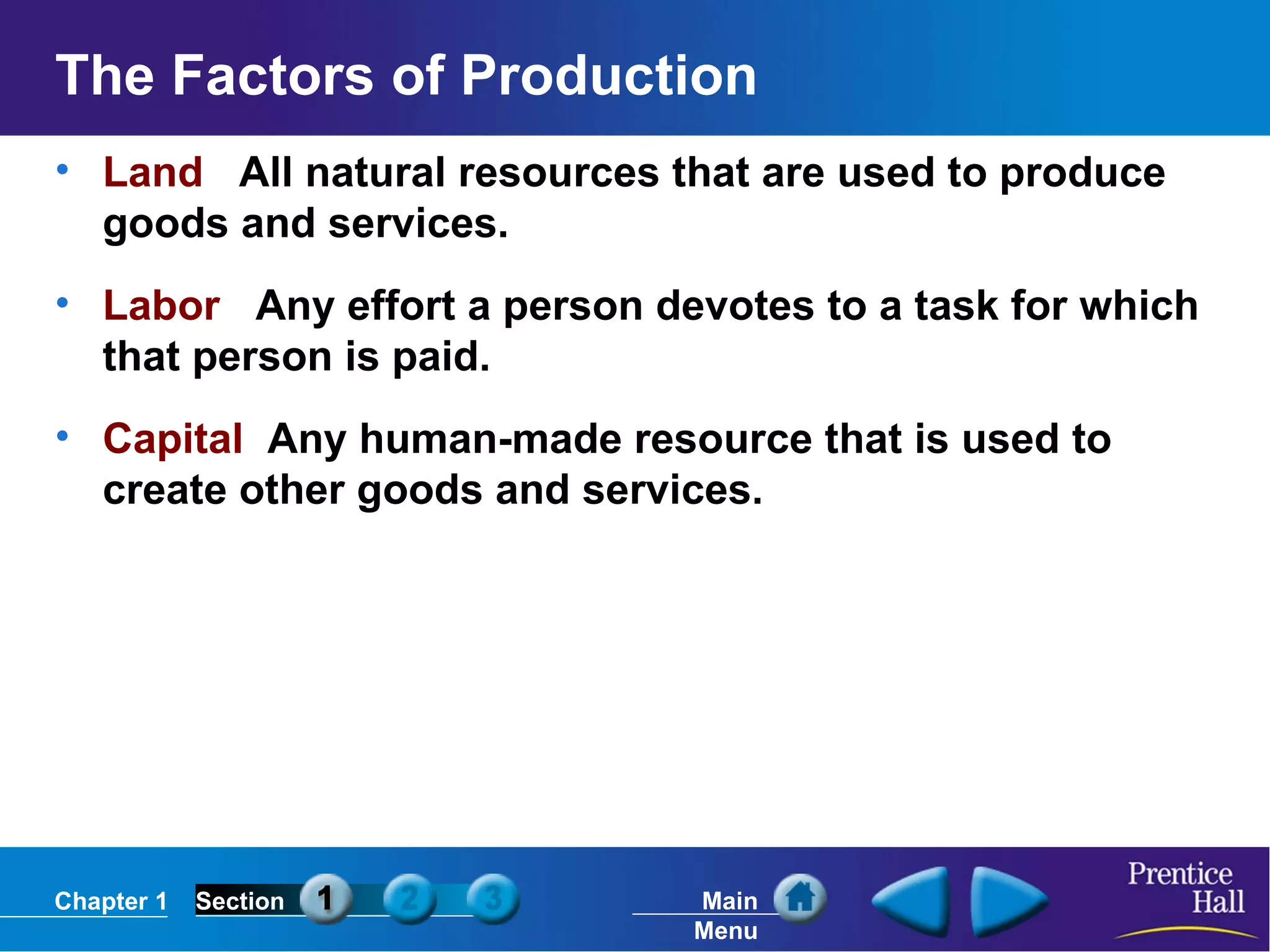 The Factors of Production Land  All natural resources that are used to produce goods and services. Labor  Any effort a person devotes to a task for which that person is paid. Capital  Any human-made resource that is used to create other goods and services. 