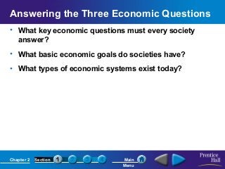 Answering the Three Economic Questions
• What key economic questions must every society
answer?
• What basic economic goals do societies have?
• What types of economic systems exist today?

Chapter 2

Section

Main
Menu

 