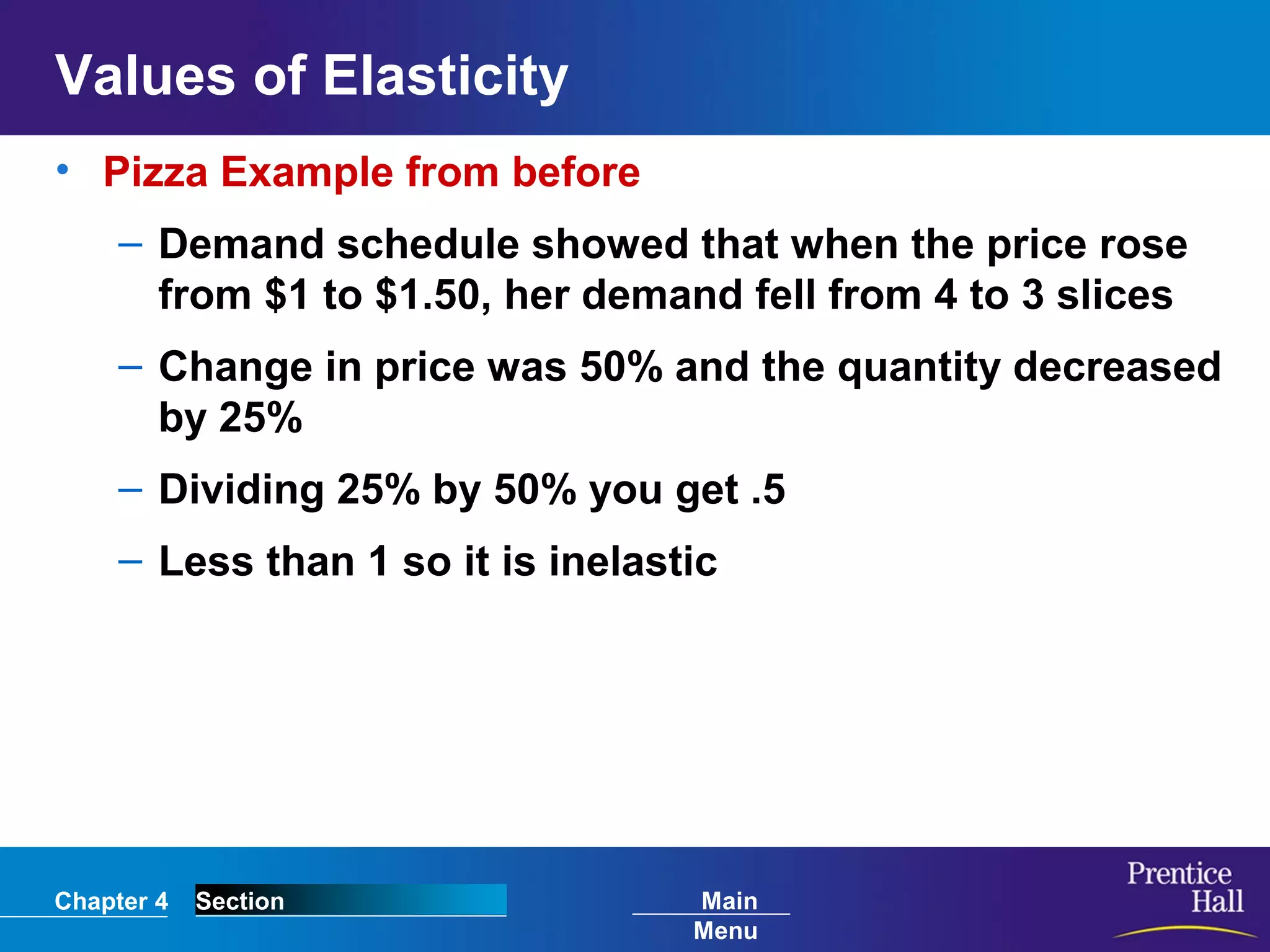 Chapter 4 Section Main
Menu
Values of Elasticity
• Pizza Example from before
– Demand schedule showed that when the price rose
from $1 to $1.50, her demand fell from 4 to 3 slices
– Change in price was 50% and the quantity decreased
by 25%
– Dividing 25% by 50% you get .5
– Less than 1 so it is inelastic
 