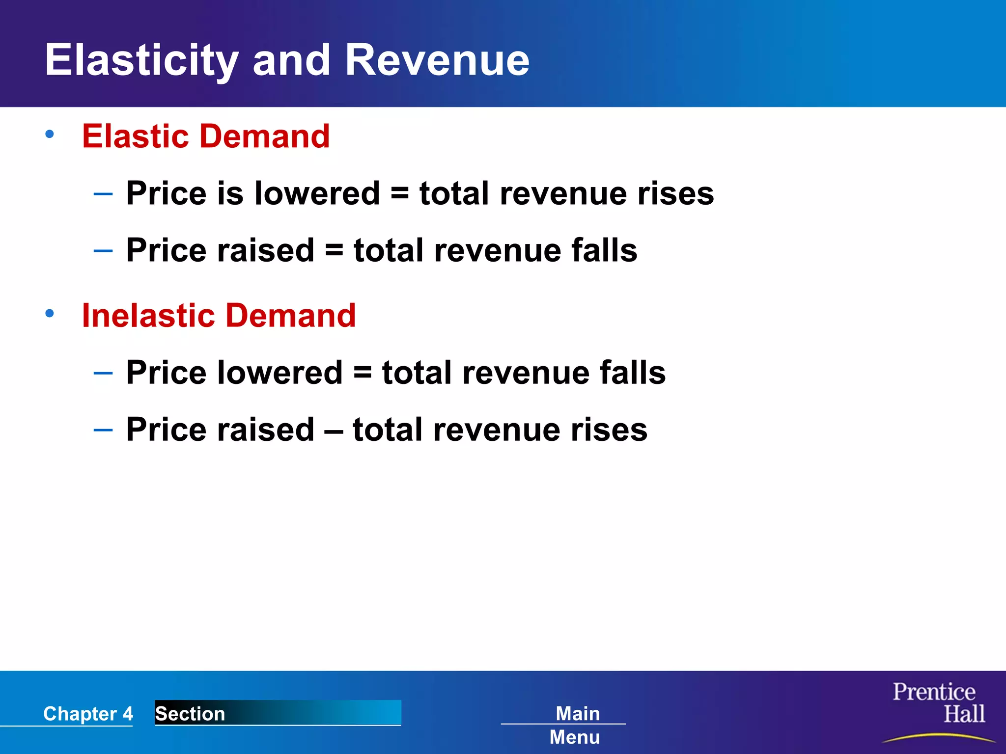Chapter 4 Section Main
Menu
Elasticity and Revenue
• Elastic Demand
– Price is lowered = total revenue rises
– Price raised = total revenue falls
• Inelastic Demand
– Price lowered = total revenue falls
– Price raised – total revenue rises
 