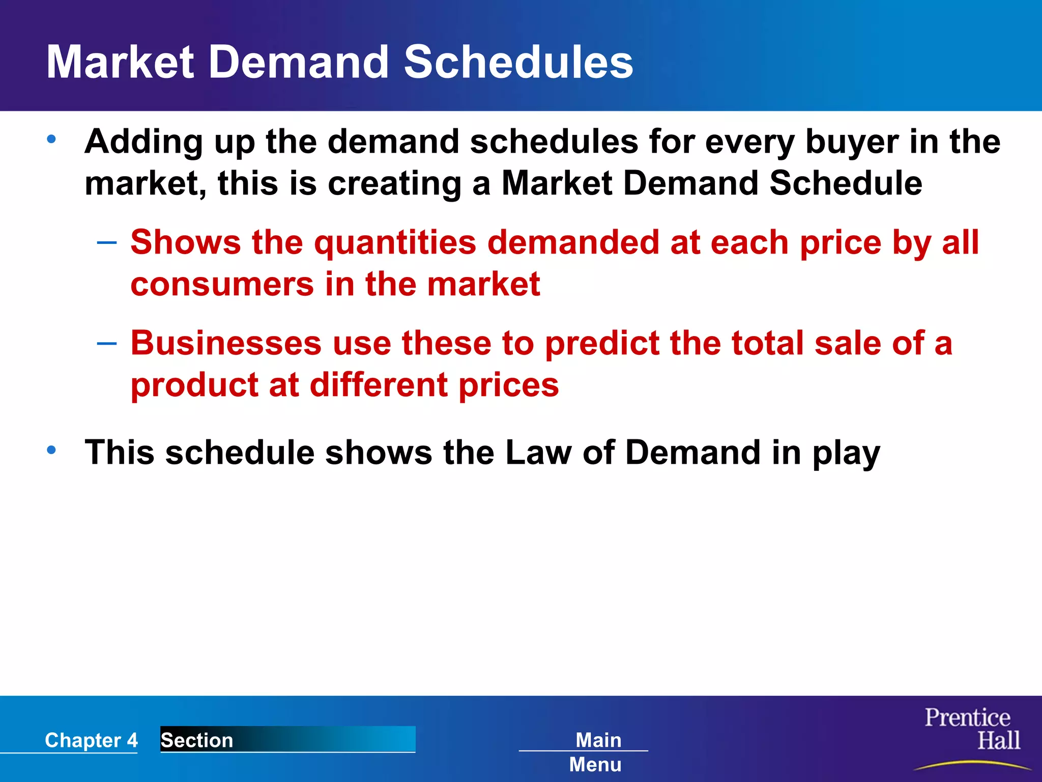 Chapter 4 Section Main
Menu
Market Demand Schedules
• Adding up the demand schedules for every buyer in the
market, this is creating a Market Demand Schedule
– Shows the quantities demanded at each price by all
consumers in the market
– Businesses use these to predict the total sale of a
product at different prices
• This schedule shows the Law of Demand in play
 