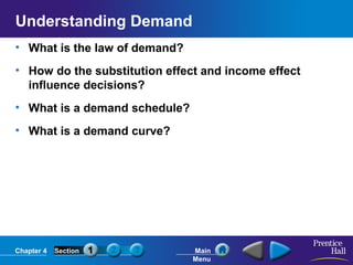 Chapter 4 Section Main
Menu
Understanding Demand
• What is the law of demand?
• How do the substitution effect and income effect
influence decisions?
• What is a demand schedule?
• What is a demand curve?
 