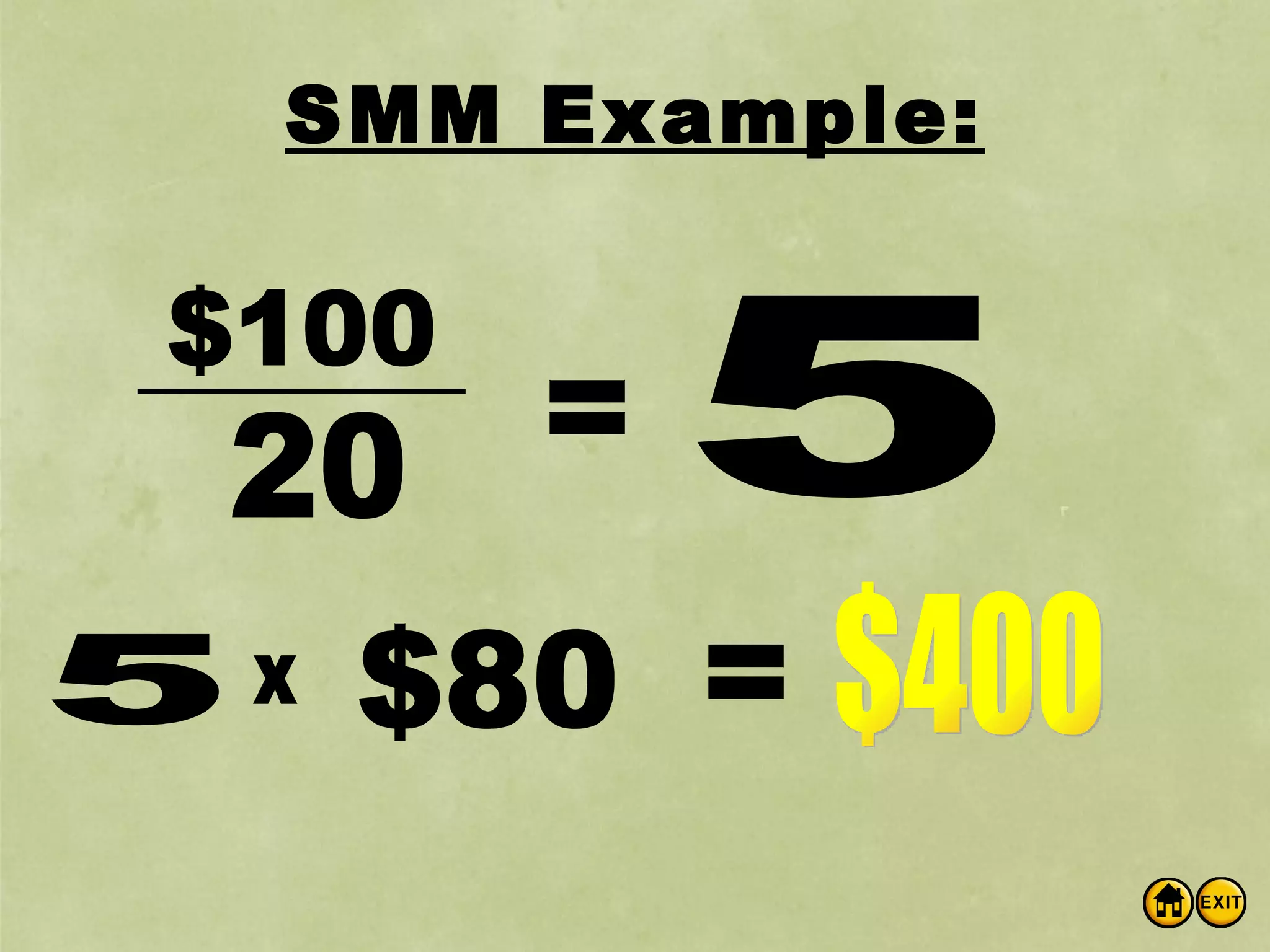 SMM Example: = $100 20 5 5 x $80 = $400
