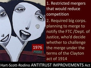 Hart-Scott-Rodino ANTITRUST IMPROVEMENTS Act
1976
1. Restricted mergers
that would reduce
competition
2. Required big corps.
planning to merge to
notify the FTC /Dept. of
Justice, who’d decide
whether to challenge
the merge under the
terms of the Clayton
act of 1914
 