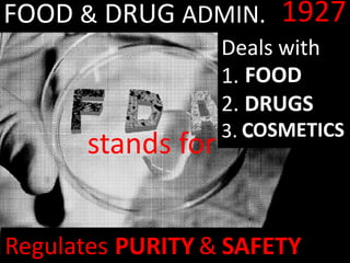FOOD & DRUG ADMIN. 1927
Regulates P_____ & S_____PURITY SAFETY
Deals with
1. F
2. D
3. C
FOOD
DRUGS
COSMETICS
stands for
 