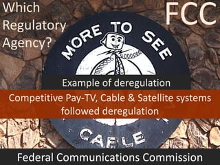 Which
Regulatory
Agency?
FCC
Federal Communications Commission
Example of deregulation
Competitive Pay-TV, Cable & Satellite systems
followed deregulation
 