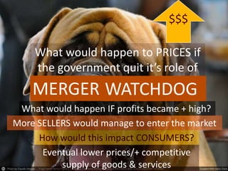 What would happen to PRICES if
the government quit it’s role of
MERGER WATCHDOG
What would happen IF profits became + high?
More SELLERS would manage to enter the market
How would this impact CONSUMERS?
Eventual lower prices/+ competitive
supply of goods & services
$$$
 