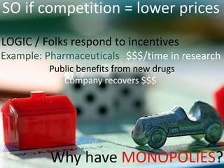 SO if competition = lower prices
Why have MONOPOLIES?
LOGIC / Folks respond to incentives
Example: Pharmaceuticals $$$/time in research
Public benefits from new drugs
Company recovers $$$
 