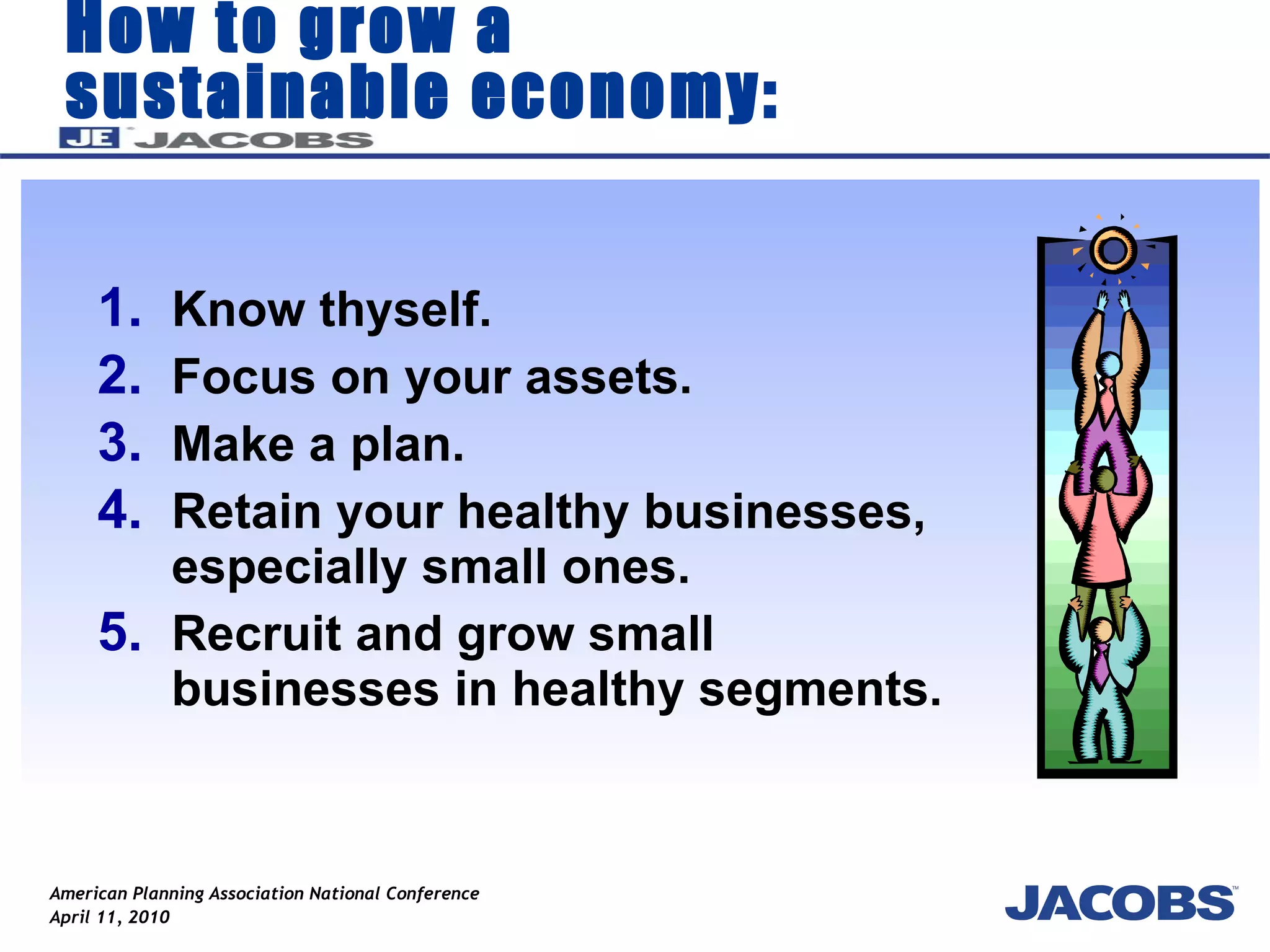 How to grow a sustainable economy: Know thyself. Focus on your assets. Make a plan. Retain your healthy businesses, especially small ones. Recruit and grow small businesses in healthy segments. 