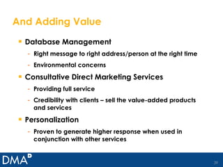 And Adding Value Database Management Right message to right address/person at the right time Environmental concerns Consultative Direct Marketing Services Providing full service Credibility with clients – sell the value-added products and services Personalization Proven to generate higher response when used in conjunction with other services 