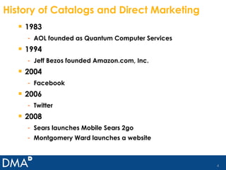 History of Catalogs and Direct Marketing 1983 AOL founded as Quantum Computer Services 1994 Jeff Bezos founded Amazon.com, Inc.  2004 Facebook 2006 Twitter 2008  Sears launches Mobile Sears 2go Montgomery Ward launches a website 