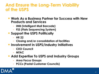 And Ensure the Long-Term Viability of the USPS Work As a Business Partner for Success with New Products and Services IMB (Intelligent Mail Barcode) FSS (Flats Sequencing System) Support the USPS Politically HR 22 Closing and/or consolidation of facilities Involvement In USPS/Industry Initiatives CEO Council MTAC Add Expertise To USPS and Industry Groups Area Focus Groups PCCs (Postal Customer Councils) 