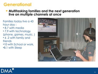 Generational Multitasking families and the next generation live on multiple channels at once Families today live a 43 hour day : 8.7 with media  7.9 with technology  (phone, games, music, ) 6 .2 with family and friends 10 with School or work, 8.1 with Sleep 