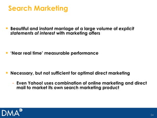 Search Marketing Beautiful and instant marriage of a large volume of  explicit statements of interest  with marketing offers ‘ Near real time’ measurable performance  Necessary, but not sufficient for optimal direct marketing Even Yahoo! uses combination of online marketing and direct mail to market its own search marketing product 