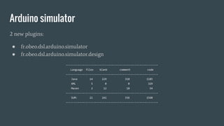 Arduino simulator
2 new plugins:
● fr.obeo.dsl.arduino.simulator
● fr.obeo.dsl.arduino.simulator.design
------------------...