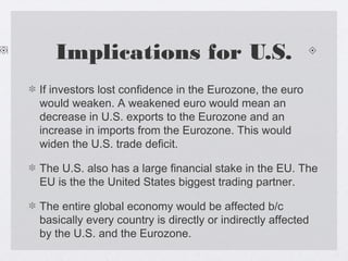 Implications for U.S.
If investors lost confidence in the Eurozone, the euro
would weaken. A weakened euro would mean an
decrease in U.S. exports to the Eurozone and an
increase in imports from the Eurozone. This would
widen the U.S. trade deficit.
The U.S. also has a large financial stake in the EU. The
EU is the the United States biggest trading partner.
The entire global economy would be affected b/c
basically every country is directly or indirectly affected
by the U.S. and the Eurozone.
 