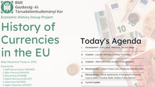 History of
Currencies
in the EU
After Maastricht Treaty in 1992
Aalif Hossain Shaan (KROADI)
Ajike Precious (HHAJ4S)
Zheng Peng (CY0E8B)
Sabina Novruzova (IKL32T)
Adam Suto (GE7BP2)
Sagita Fajarahayu (I0S5QT)
Prepared By:
1.
2.
3.
4.
5.
6.
Economic History Group Project
Today's Agenda
Development - Early Ideas, Relaunch, Second Stage
Creation - Launch, Minting, Currency Transition
Creation - Aftermath, Early Growth, Public Support
Recession Era - Lisbon Treaty, Early Response, Bailout Funds
Recession Era - Fiscal Agreements, Enlargement (Slovenia,
Cyprus, Malta, Slovakia, Baltic States), Public Opinion
1
2
3
5
4
Current Update
6
 