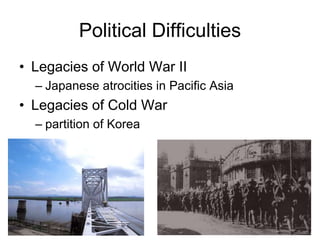 Political Difficulties
• Legacies of World War II
– Japanese atrocities in Pacific Asia
• Legacies of Cold War
– partition of Korea
 