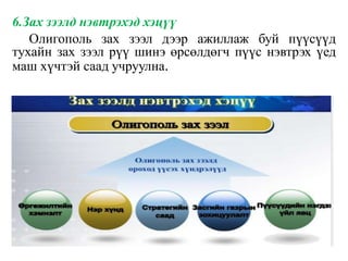6.Зах зээлд нэвтрэхэд хэцүү
Олигополь зах зээл дээр ажиллаж буй пүүсүүд
тухайн зах зээл рүү шинэ өрсөлдөгч пүүс нэвтрэх үед
маш хүчтэй саад учруулна.
 