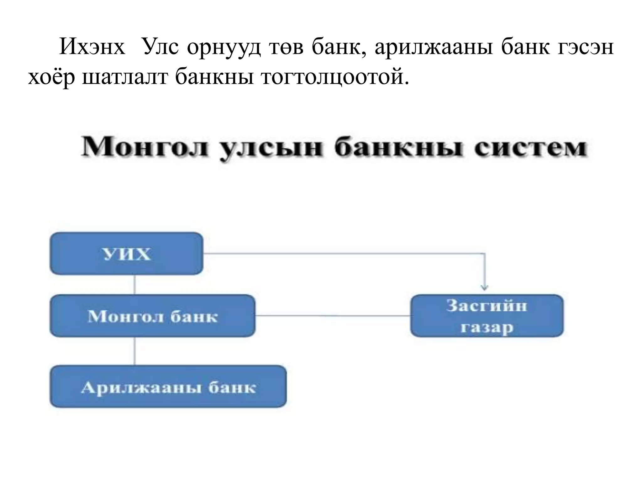 Ихэнх Улс орнууд төв банк, арилжааны банк гэсэн
хоёр шатлалт банкны тогтолцоотой.
 