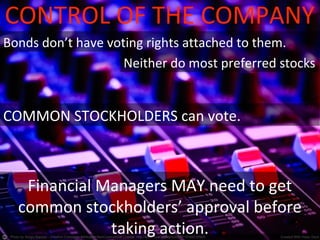 CONTROL OF THE COMPANY
Bonds don’t have voting rights attached to them.
Neither do most preferred stocks
COMMON STOCKHOLDERS can vote.
Financial Managers MAY need to get
common stockholders’ approval before
taking action.
 