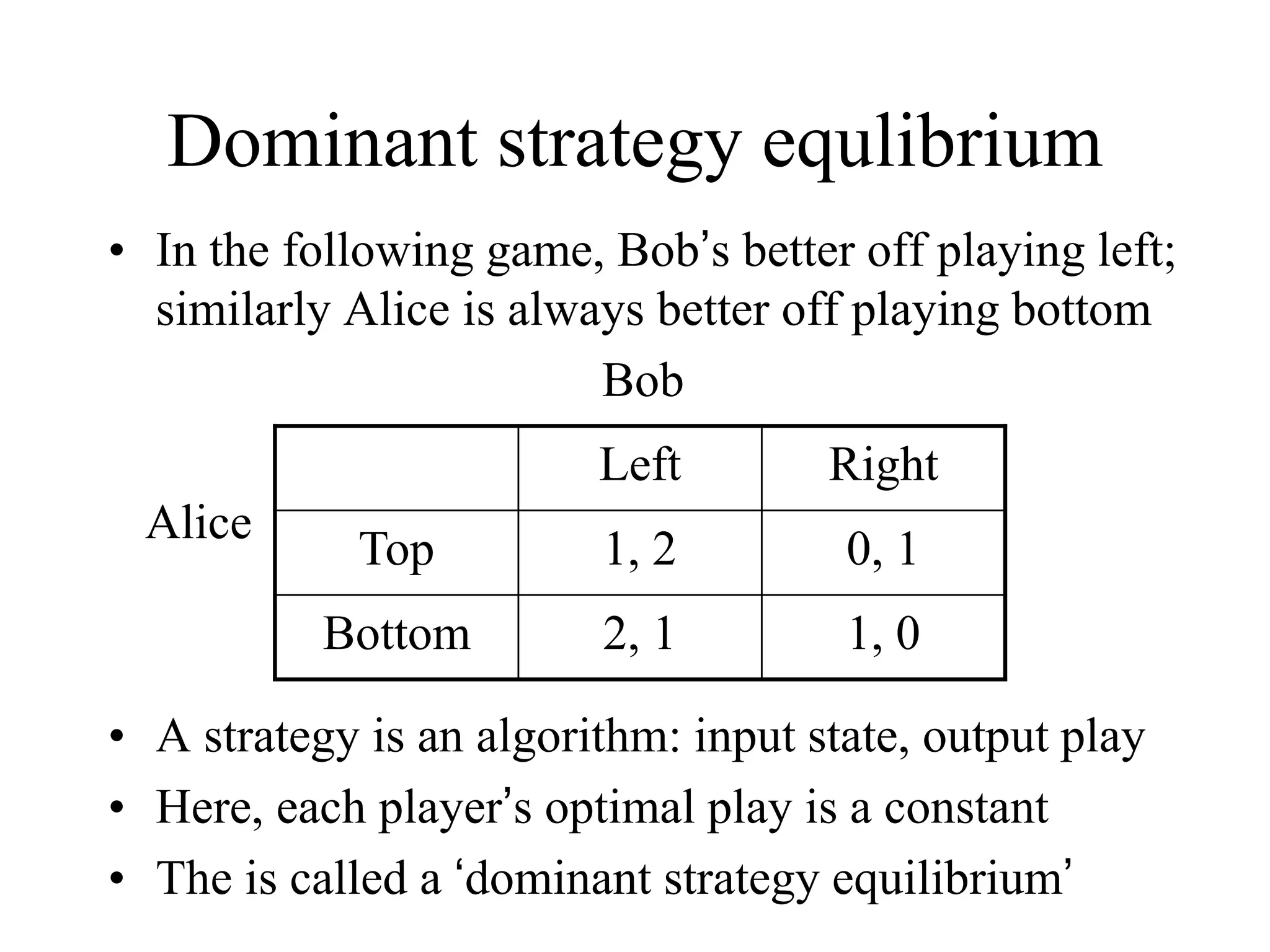 Dominant strategy equlibrium
• In the following game, Bob’s better off playing left;
similarly Alice is always better off playing bottom
Bob
Alice
• A strategy is an algorithm: input state, output play
• Here, each player’s optimal play is a constant
• The is called a ‘dominant strategy equilibrium’
Left Right
Top 1, 2 0, 1
Bottom 2, 1 1, 0
 