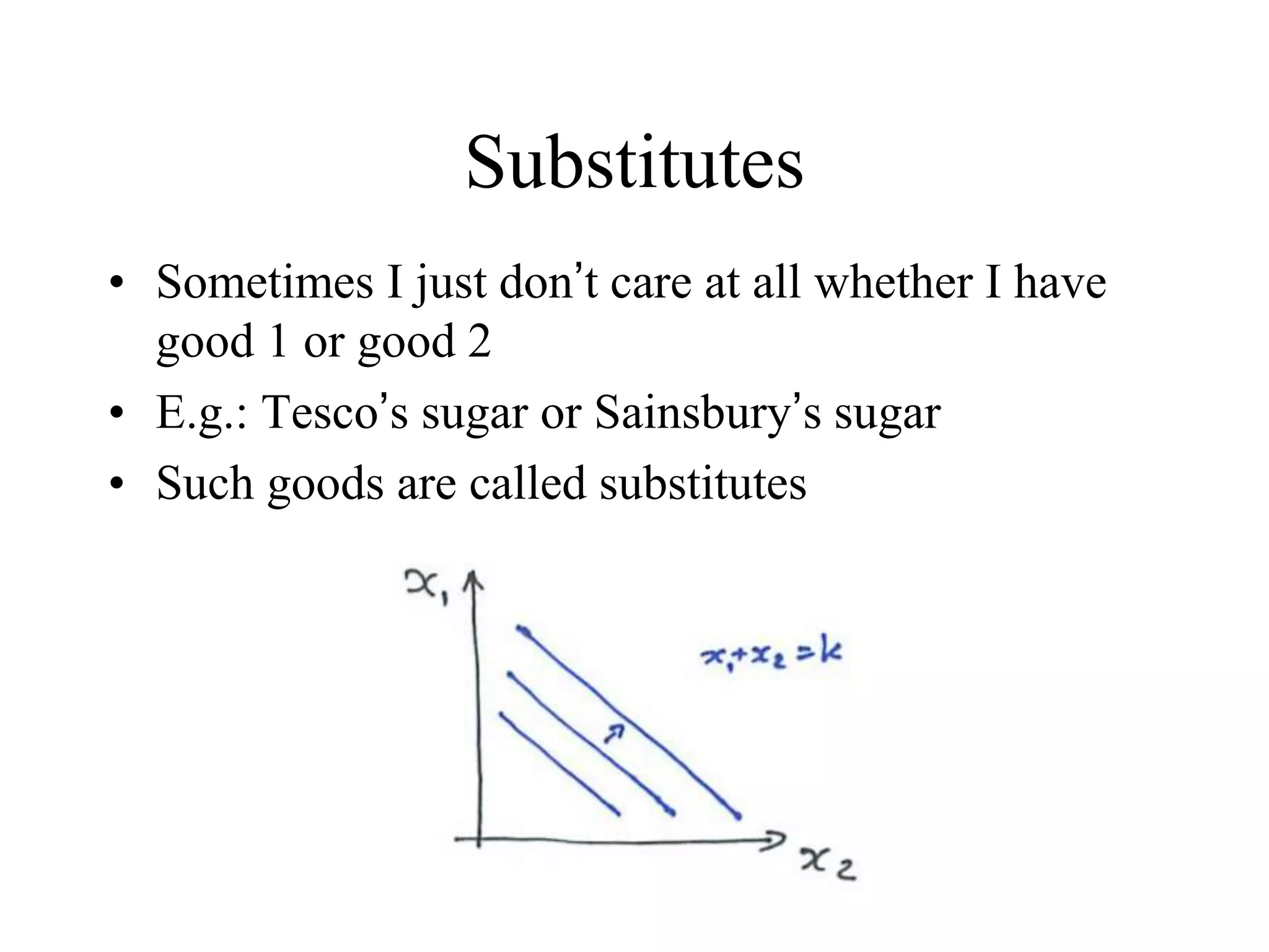 Substitutes
• Sometimes I just don’t care at all whether I have
good 1 or good 2
• E.g.: Tesco’s sugar or Sainsbury’s sugar
• Such goods are called substitutes
 
