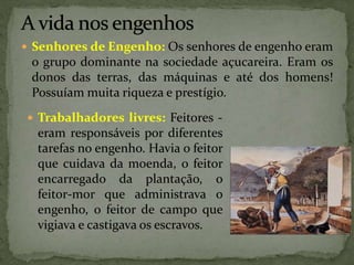  Senhores de Engenho: Os senhores de engenho eram
o grupo dominante na sociedade açucareira. Eram os
donos das terras, das máquinas e até dos homens!
Possuíam muita riqueza e prestígio.
 Trabalhadores livres: Feitores -
eram responsáveis por diferentes
tarefas no engenho. Havia o feitor
que cuidava da moenda, o feitor
encarregado da plantação, o
feitor-mor que administrava o
engenho, o feitor de campo que
vigiava e castigava os escravos.
 