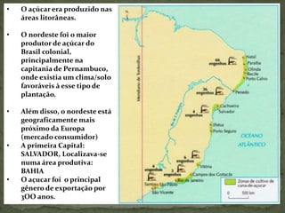 • O açúcar era produzido nas
áreas litorâneas.
• O nordeste foi o maior
produtor de açúcar do
Brasil colonial,
principalmente na
capitania de Pernambuco,
onde existia um clima/solo
favoráveis à esse tipo de
plantação.
• Além disso, o nordeste está
geograficamente mais
próximo da Europa
(mercado consumidor)
• A primeira Capital:
SALVADOR, Localizava-se
numa área produtiva:
BAHIA
• O açucar foi o principal
gênero de exportação por
3OO anos.
 