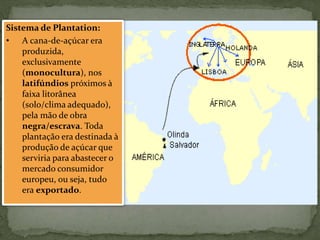 Sistema de Plantation:
• A cana-de-açúcar era
produzida,
exclusivamente
(monocultura), nos
latifúndios próximos à
faixa litorânea
(solo/clima adequado),
pela mão de obra
negra/escrava. Toda
plantação era destinada à
produção de açúcar que
serviria para abastecer o
mercado consumidor
europeu, ou seja, tudo
era exportado.
 