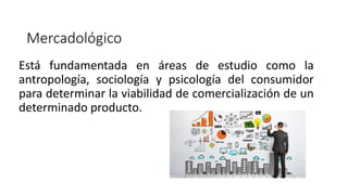 Mercadológico
Está fundamentada en áreas de estudio como la
antropología, sociología y psicología del consumidor
para determinar la viabilidad de comercialización de un
determinado producto.
 