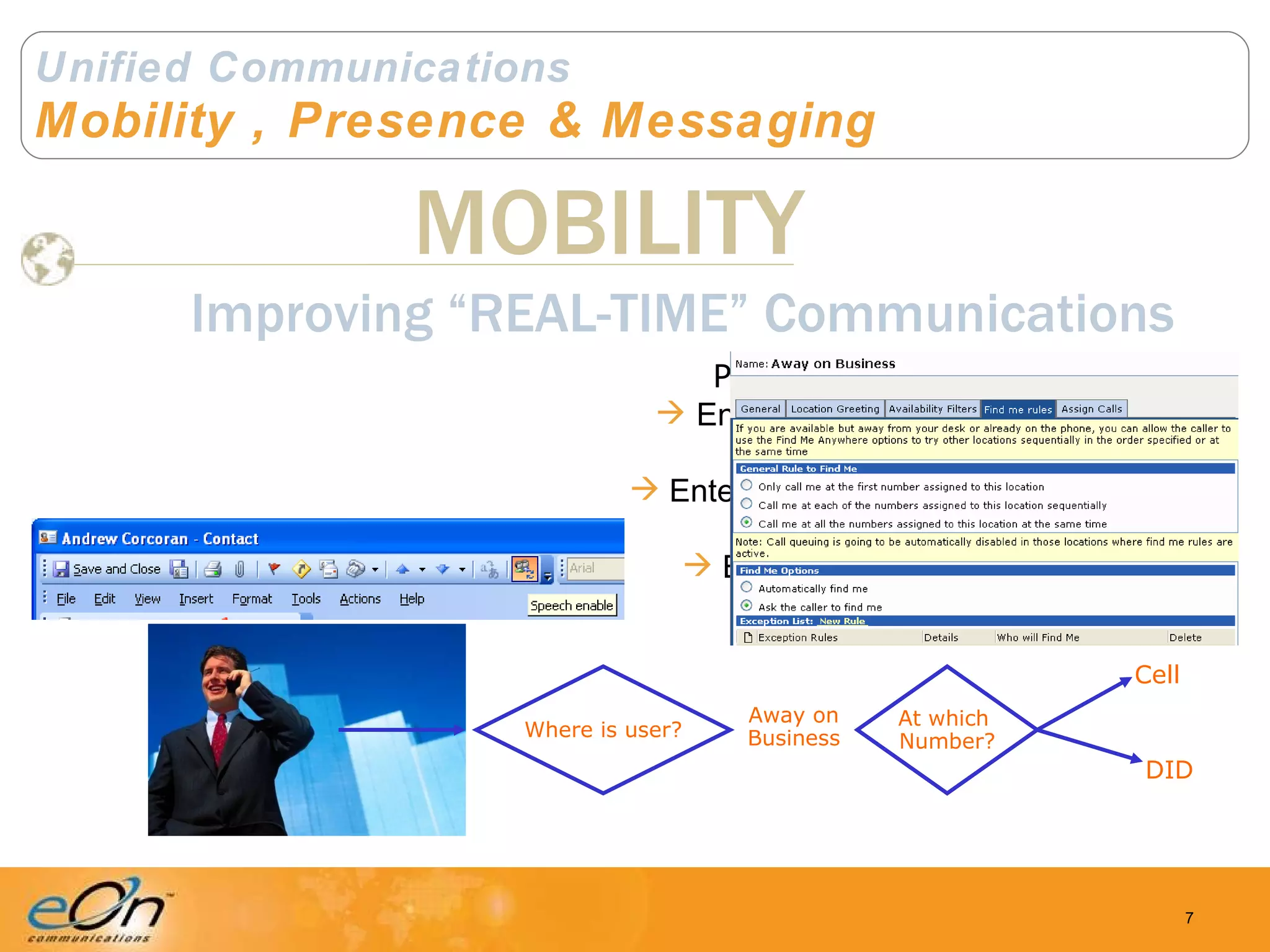 Unified Communications Mobility , Presence & Messaging MOBILITY Improving “REAL-TIME” Communications Where is user? Away on Business At which  Number? Cell DID Provides Mobilization of: Enterprise messaging, voice,  fax and email Enterprise PBX & phone systems Remote workforce Enterprise group software 