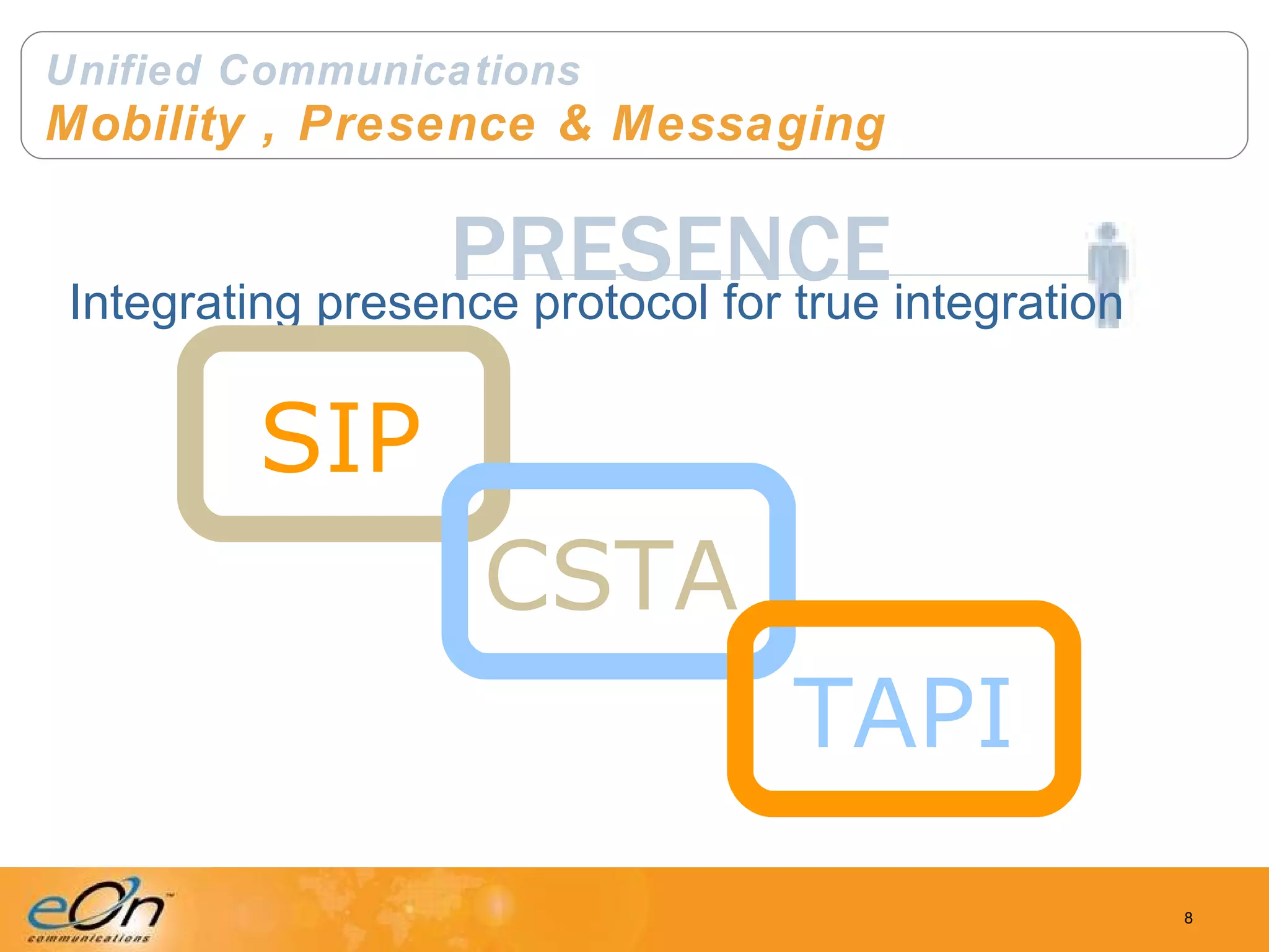 Unified Communications Mobility , Presence & Messaging PRESENCE Integrating presence protocol for true integration SIP CSTA TAPI 