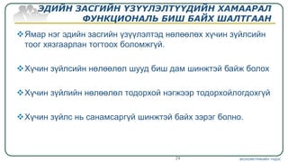 ЭДИЙН ЗАСГИЙН ҮЗҮҮЛЭЛТҮҮДИЙН ХАМААРАЛ
ФУНКЦИОНАЛЬ БИШ БАЙХ ШАЛТГААН
Ямар нэг эдийн засгийн үзүүлэлтэд нөлөөлөх хүчин зүйлсийн
тоог хязгаарлан тогтоох боломжгүй.
Хүчин зүйлсийн нөлөөлөл шууд биш дам шинжтэй байж болох
Хүчин зүйлийн нөлөөлөл тодорхой нэгжээр тодорхойлогдохгүй
Хүчин зүйлс нь санамсаргүй шинжтэй байх зэрэг болно.
ЭКОНОМЕТРИКИЙН ҮНДЭС24
 