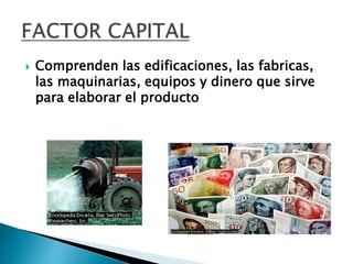  Comprenden las edificaciones, las fabricas,
las maquinarias, equipos y dinero que sirve
para elaborar el producto