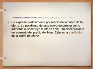 Se expresa gráficamente por medio de la curva de la oferta. La pendiente de esta curva determina cómo aumenta o disminuye la oferta ante una disminución o un aumento del precio del bien. Esta es la  elasticidad  de la curva de oferta 